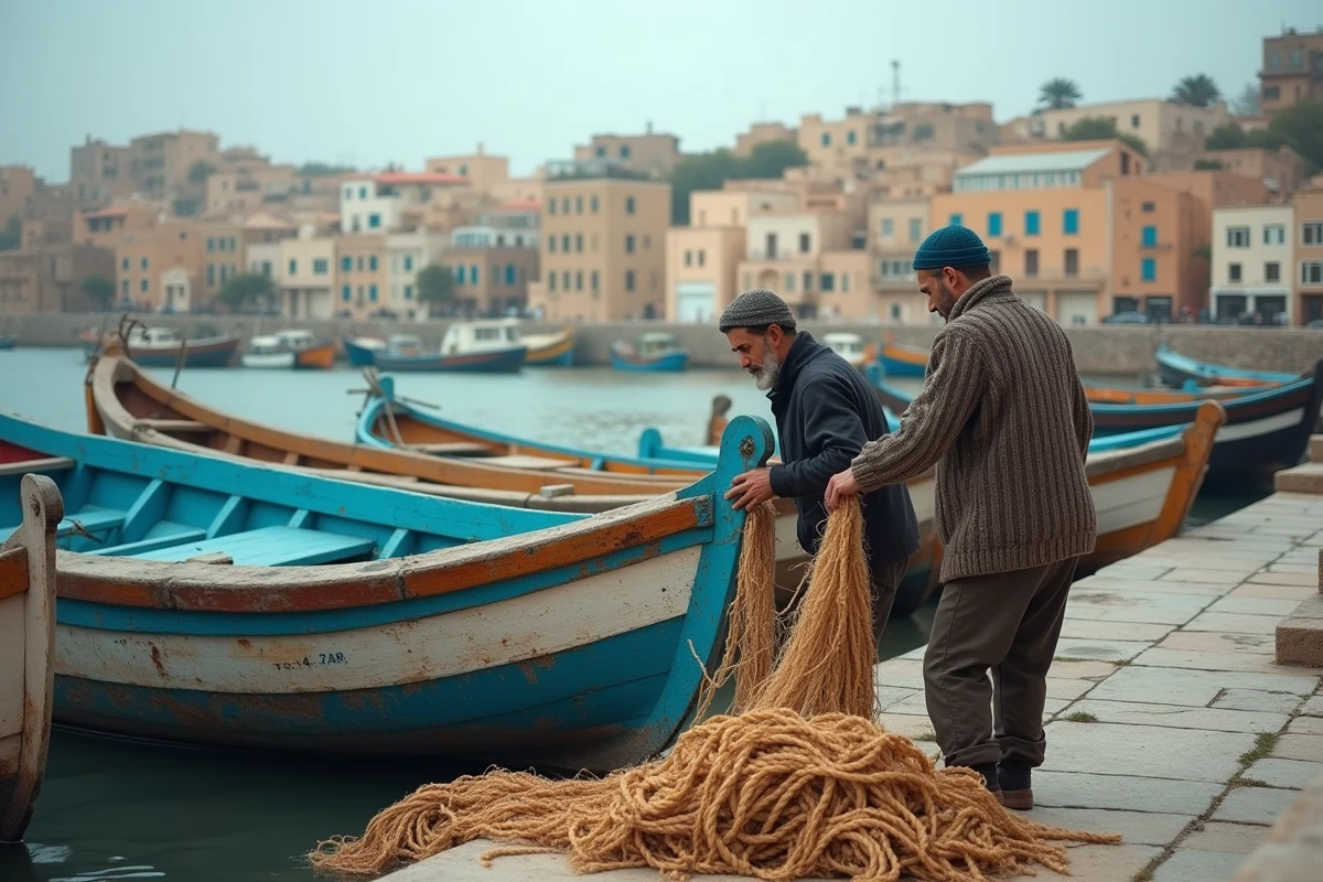 Pêcheurs marocains dans un port méditerranéen en hiver avec bateaux traditionnels bleus et blancs
