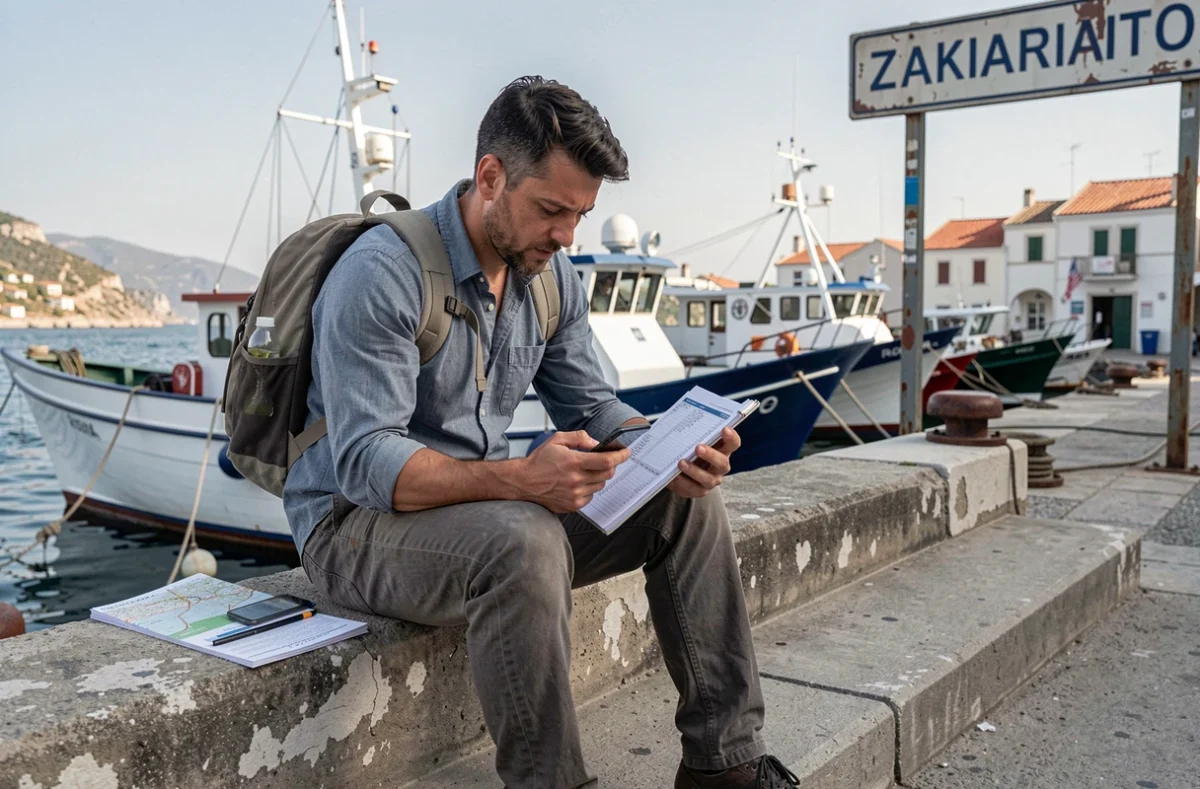 Voyageur consultant son budget de voyage sur smartphone au port de Zakynthos en Grèce