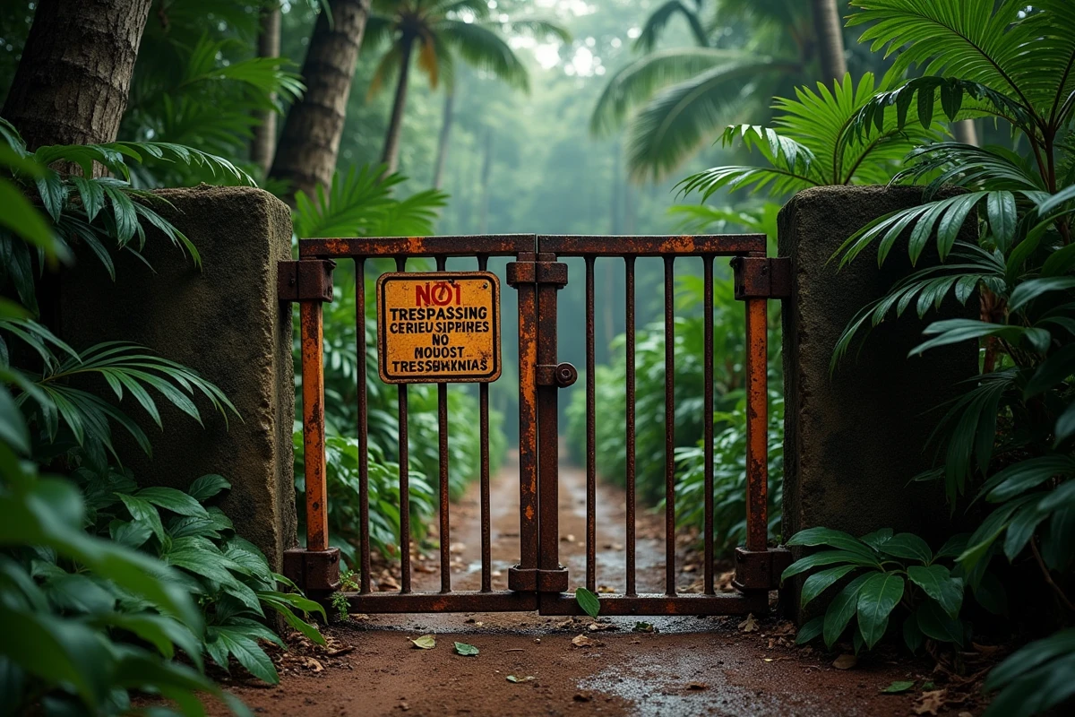 Portail métallique rouillé envahi par la végétation tropicale bloquant l'accès à un sentier menant vers une île ou zone interdite
