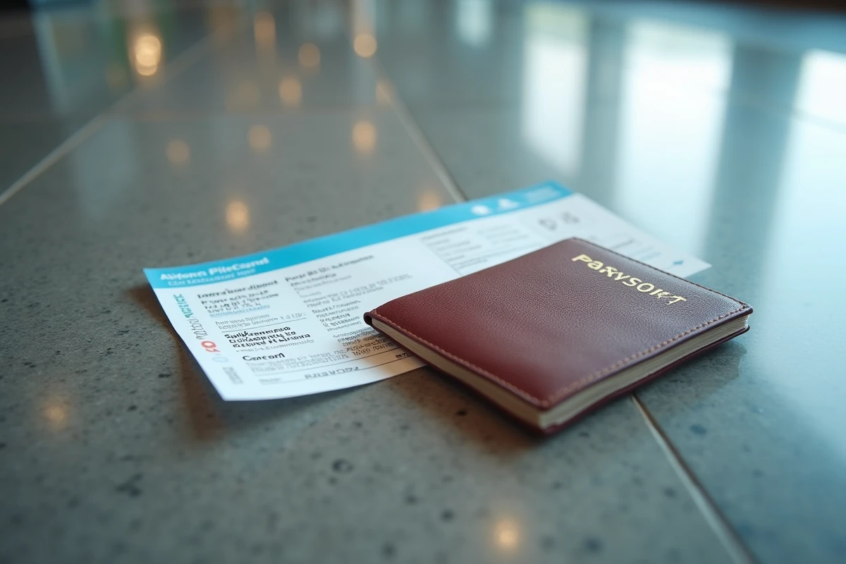 Portefeuille avec carte d'identité manquante à côté d'un passeport et d'une carte d'embarquement