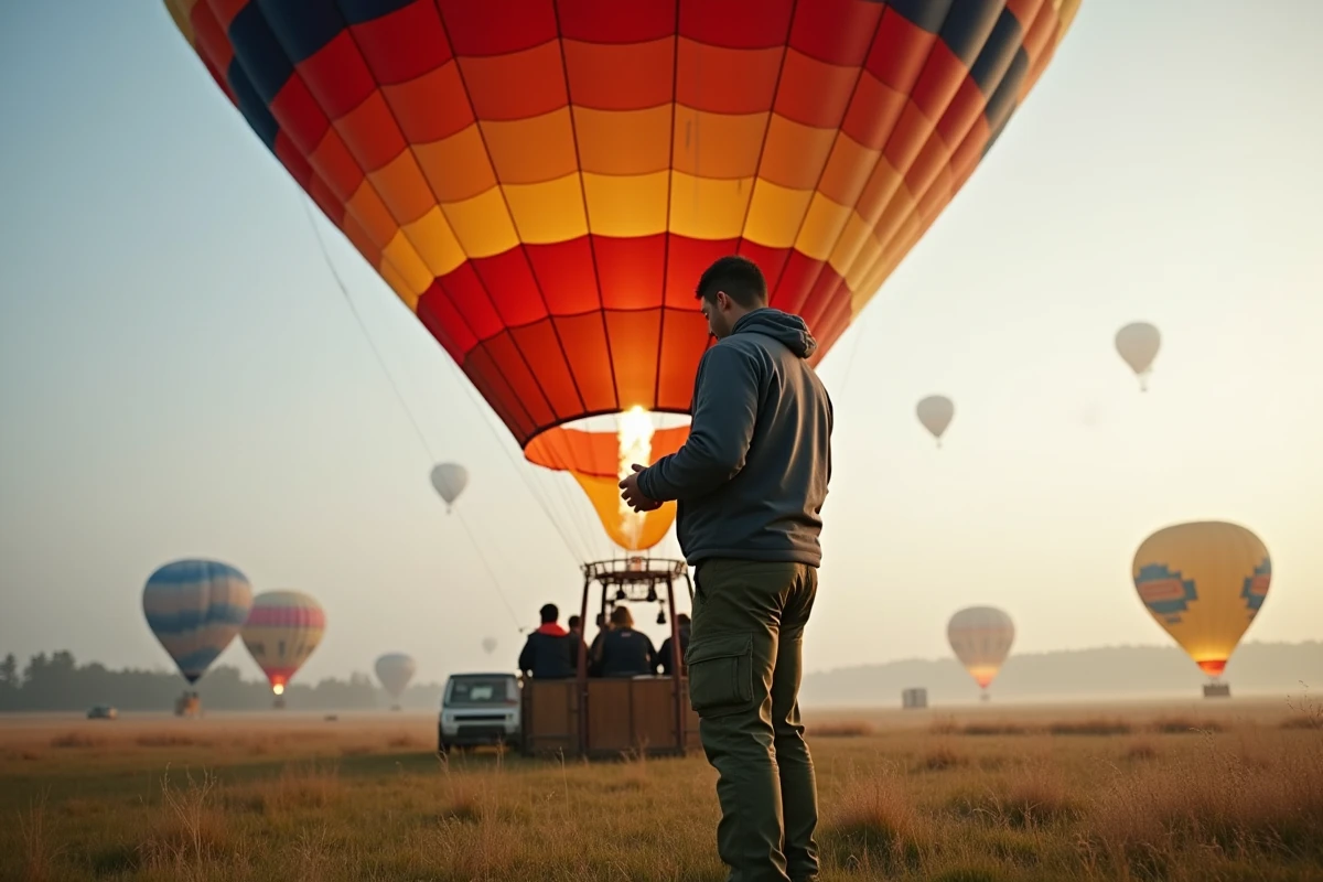 Préparation au sol d'une montgolfière avant le décollage dans une prairie au petit matin