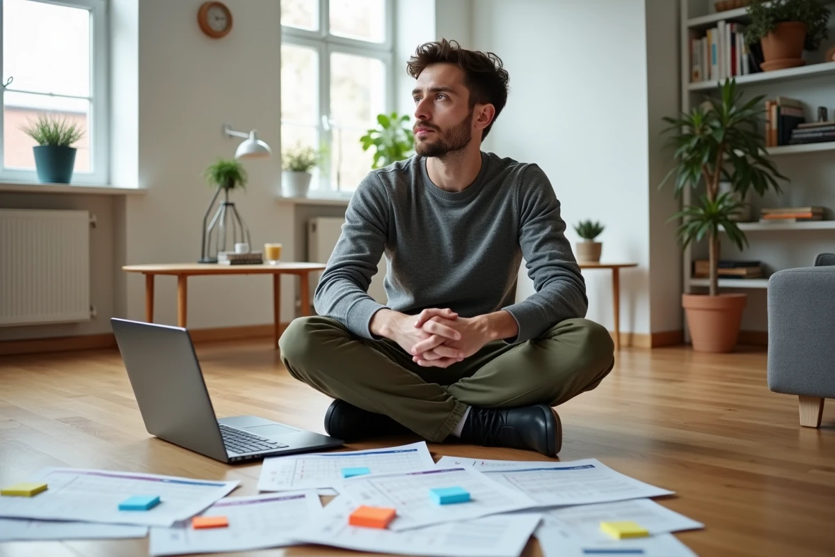 Homme préparant son itinéraire Interrail entouré d'horaires de trains et de son ordinateur portable dans un appartement minimaliste