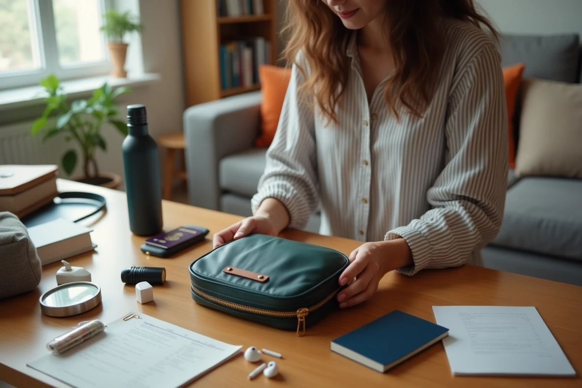 Préparation d'un bagage de type objet personnel pour un vol Spirit Airlines avec accessoires de voyage essentiels
