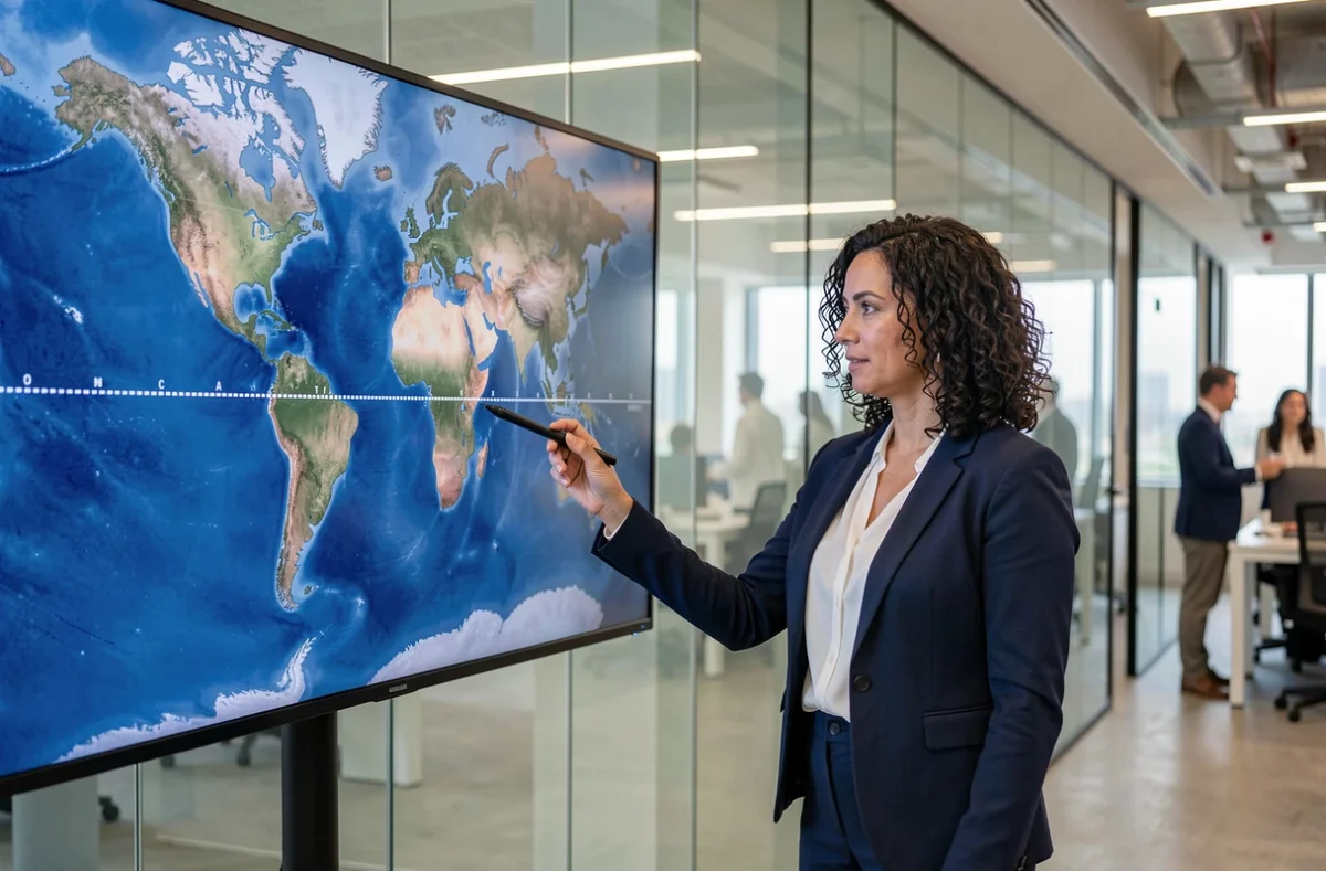 Femme d'affaires désignant la ligne de changement de date internationale sur un écran cartographique numérique