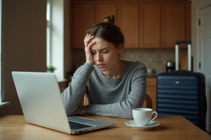 Femme stressée face à une annulation de réservation Airbnb sur son ordinateur portable, illustrant les problèmes courants de la plateforme