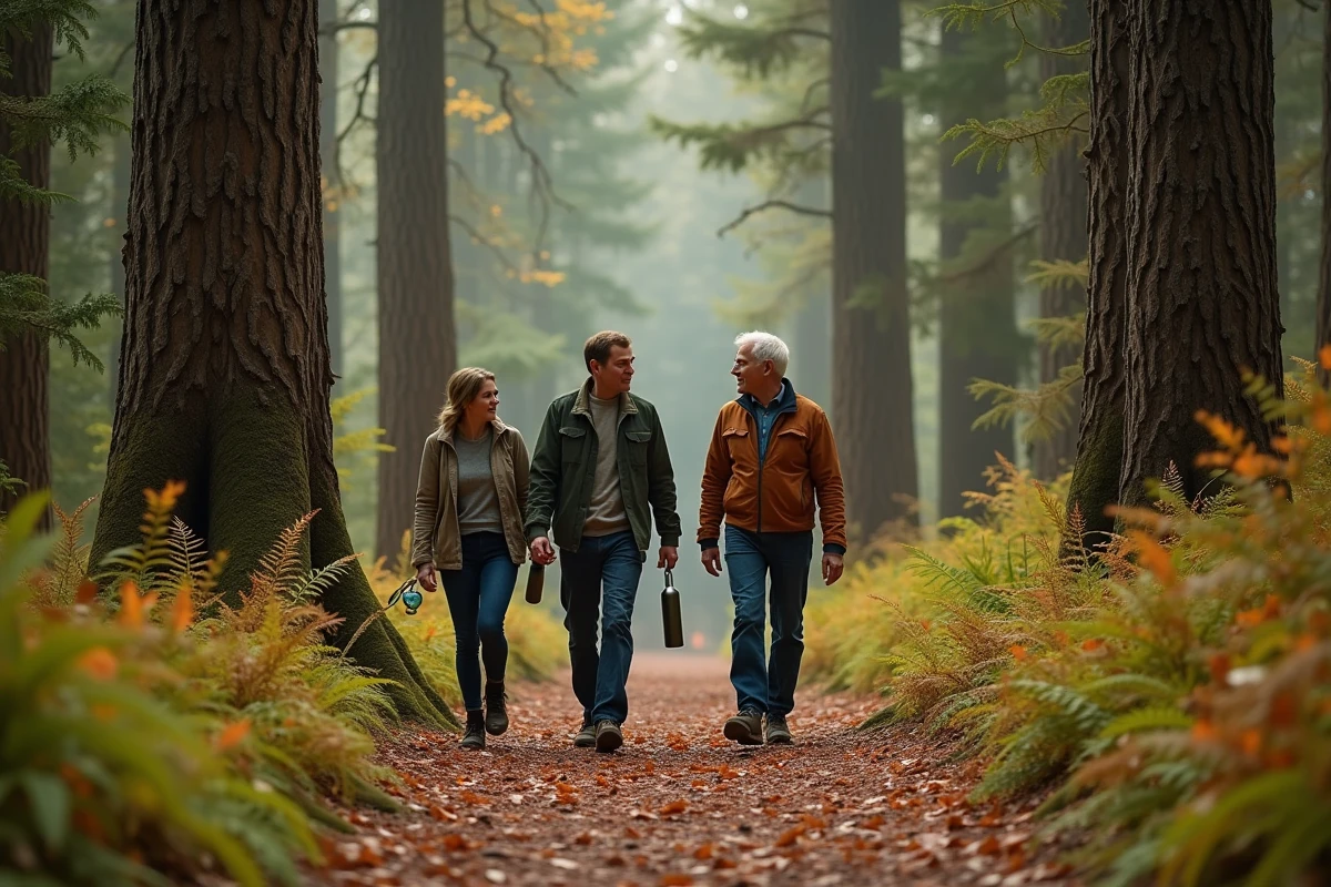 Famille se promenant dans une forêt dense aux couleurs automnales, patrimoine naturel et tourisme forestier