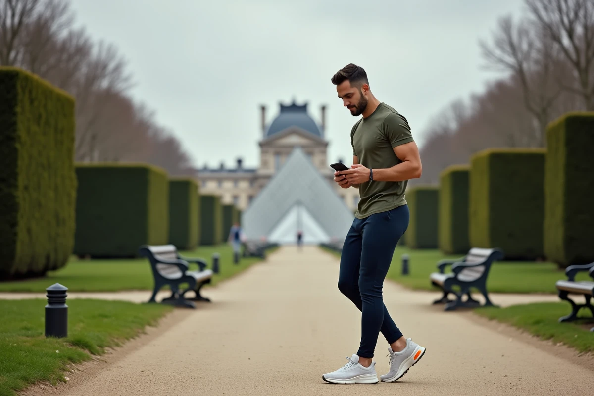 Homme en tenue de sport consultant son application de marche dans le Jardin des Tuileries à Paris