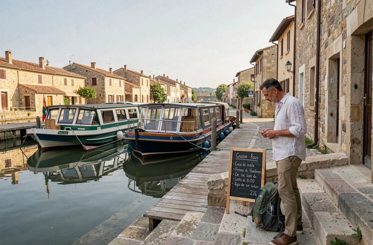 Quai de village médiéval sur le Lot avec bateaux amarrés et panneau d'itinéraires de croisière