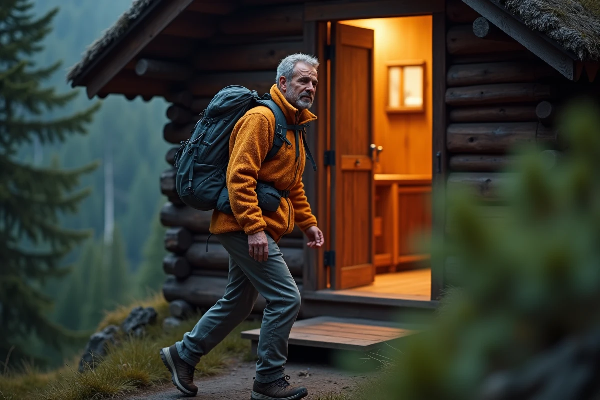 Randonneur arrivant épuisé à la porte d'un refuge de montagne en bois