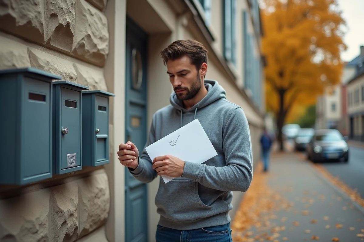 Homme récupérant son permis de conduire international dans sa boîte aux lettres devant un immeuble résidentiel