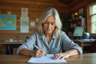 Femme rédigeant une réclamation écrite dans la réception d'un camping