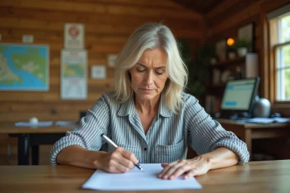 Femme rédigeant une réclamation écrite dans la réception d'un camping