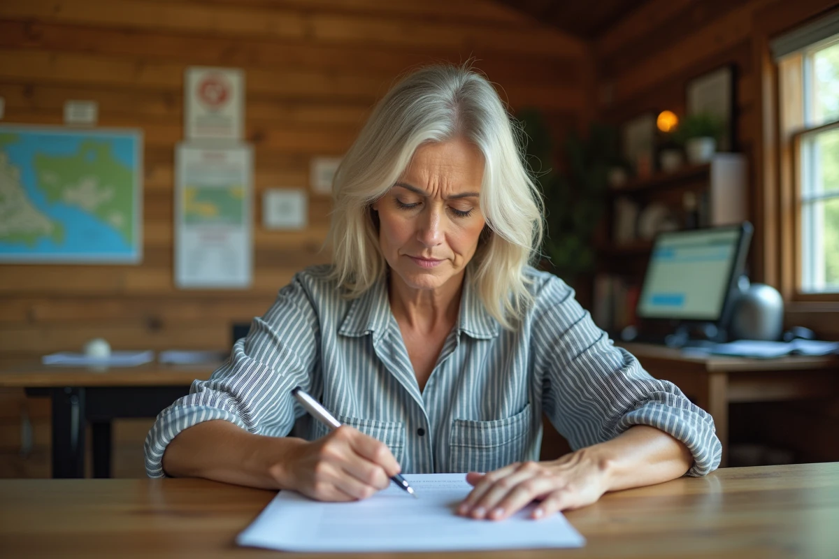 Femme rédigeant une réclamation écrite dans la réception d'un camping