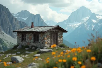 Refuge de montagne en pierre perché sur une crête alpine entouré de sommets enneigés