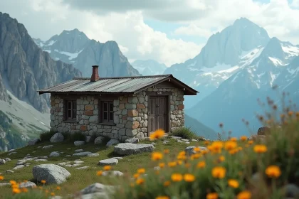 Refuge de montagne en pierre perché sur une crête alpine entouré de sommets enneigés