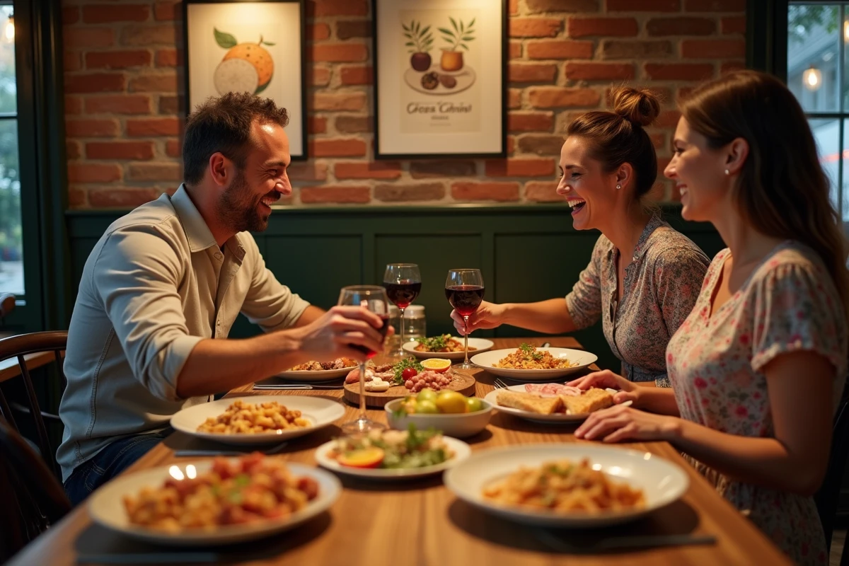 Groupe d'amis partageant un repas convivial dans une trattoria italienne rustique, gastronomie et culture culinaire