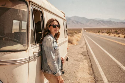 Femme appuyée contre un van vintage sur la route entre Los Angeles et San Francisco en Californie