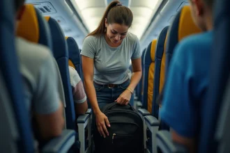 Femme plaçant un sac à dos sous le siège d'avion Spirit Airlines respectant les dimensions d'objet personnel