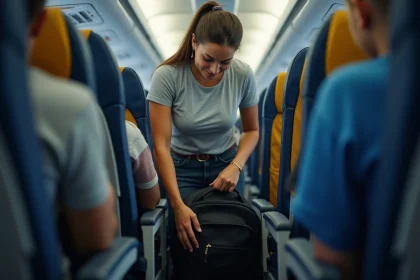 Femme plaçant un sac à dos sous le siège d'avion Spirit Airlines respectant les dimensions d'objet personnel