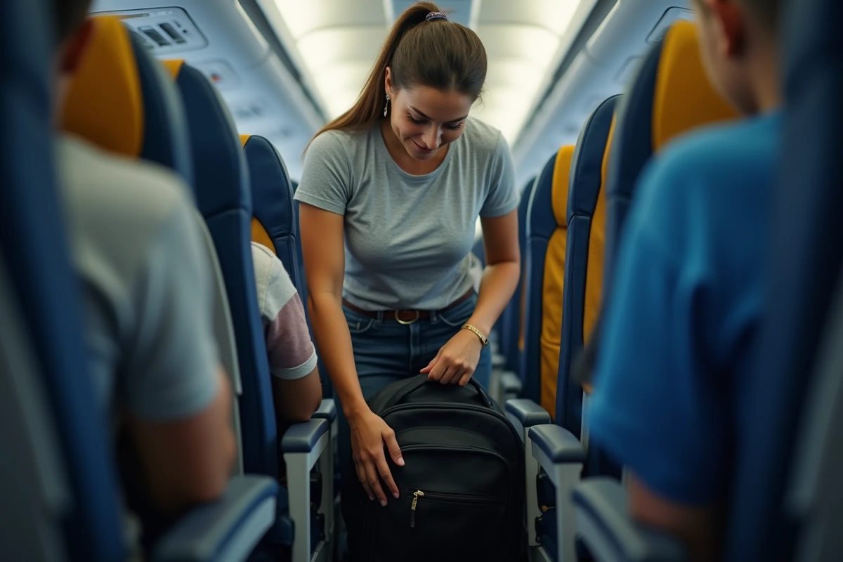Femme plaçant un sac à dos sous le siège d'avion Spirit Airlines respectant les dimensions d'objet personnel