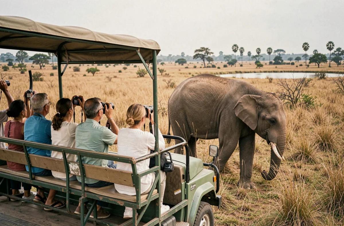 Groupe de touristes en safari collectif observant un éléphant sauvage dans le parc national de Yala au Sri Lanka