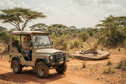 Couple en safari privé en jeep 4x4 observant un léopard au parc national de Yala au Sri Lanka