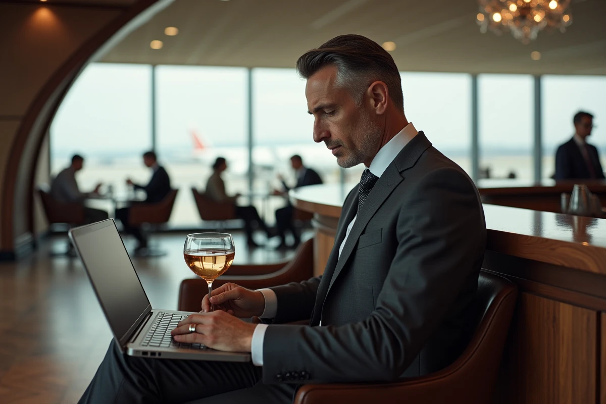 Homme d'affaires élégant dans un salon VIP d'aéroport d'une compagnie aérienne prestigieuse avec vue sur le tarmac