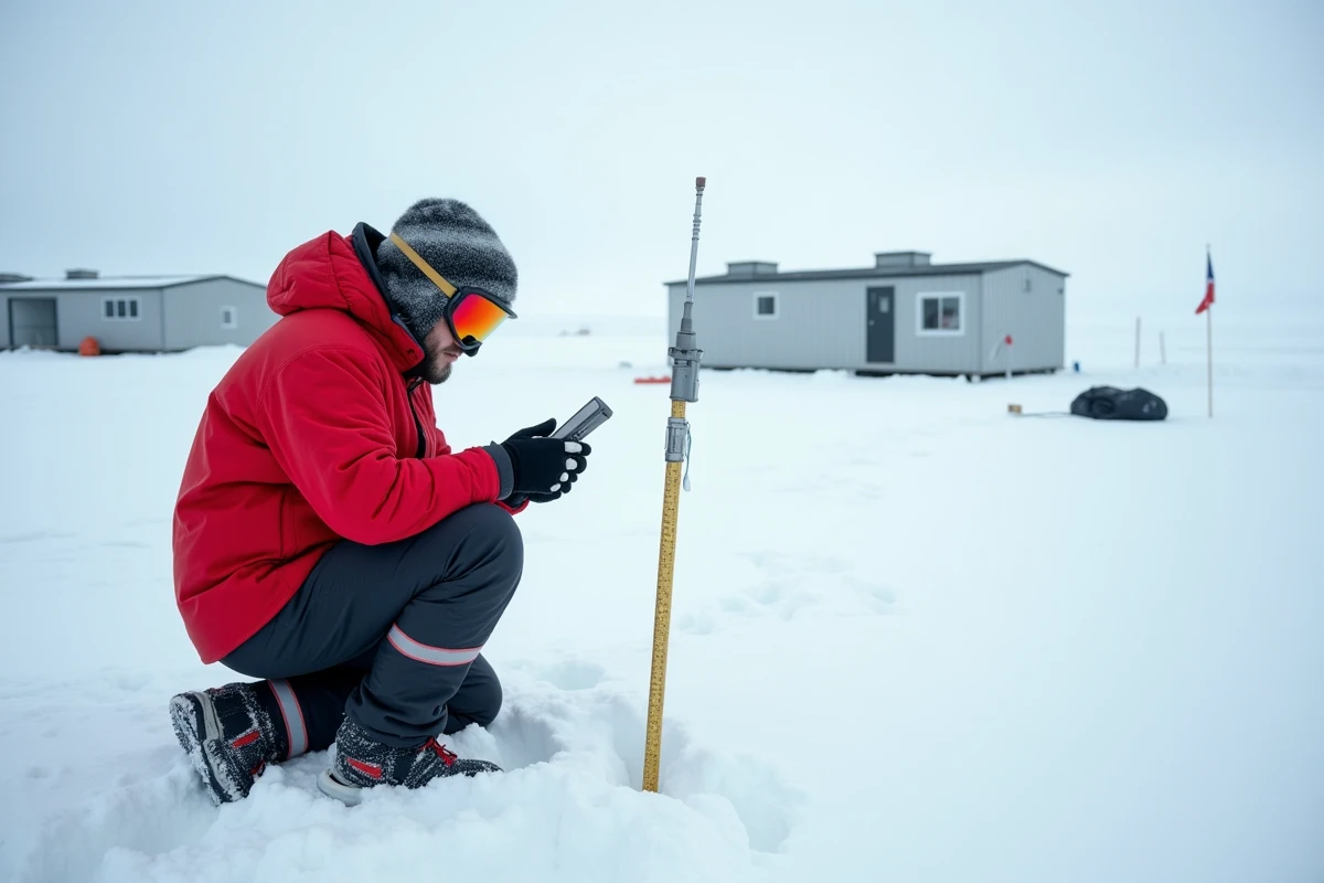 Scientifique en combinaison rouge mesurant la neige antarctique près d'une station de recherche polaire