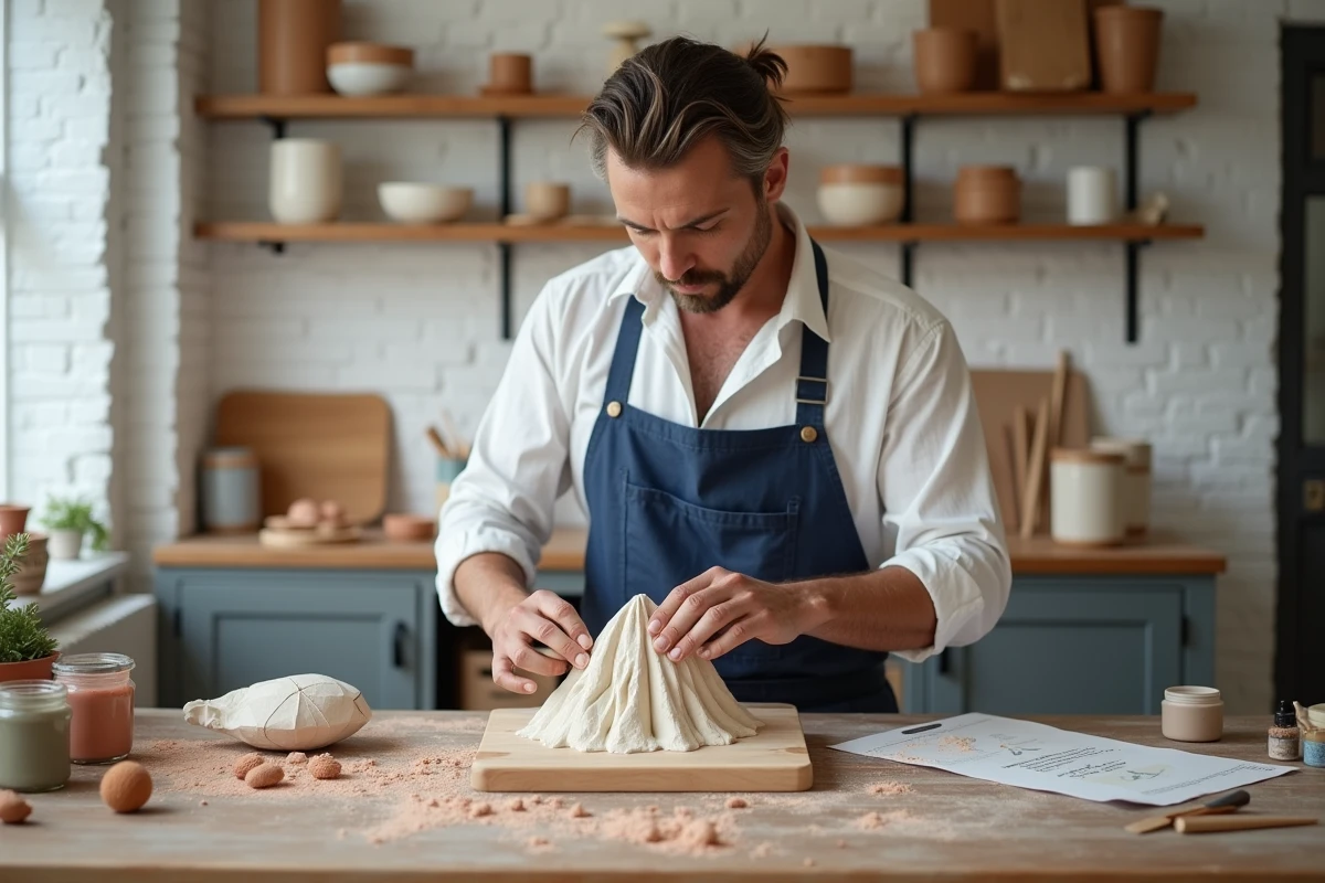 Homme sculptant une montagne en argile dans un atelier de bricolage créatif