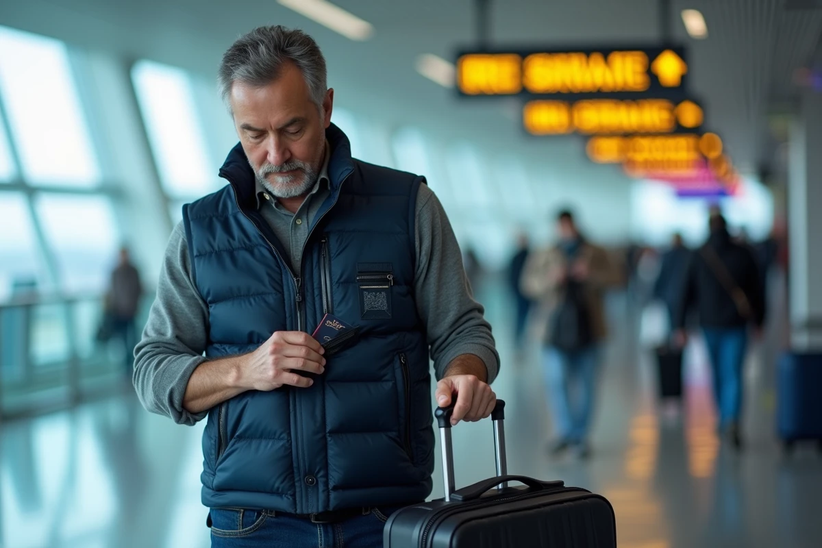 Homme glissant son passeport dans un portefeuille anti-RFID dans un aéroport