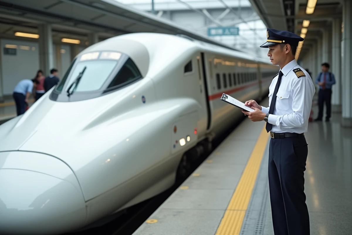 Conducteur JR East vérifiant un planning sur le quai du Shinkansen à la gare de Tokyo