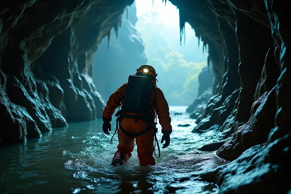 Spéléologue en combinaison progressant dans un passage de grotte menant à une immense salle souterraine avec rivière