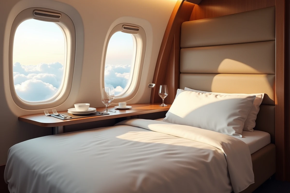 Suite de première classe luxueuse d'un avion de ligne avec lit plat et service gastronomique, vue sur les nuages par le hublot