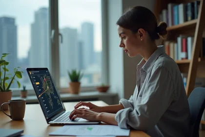 Femme consultant un suivi de vol en direct sur son ordinateur portable dans un bureau à domicile