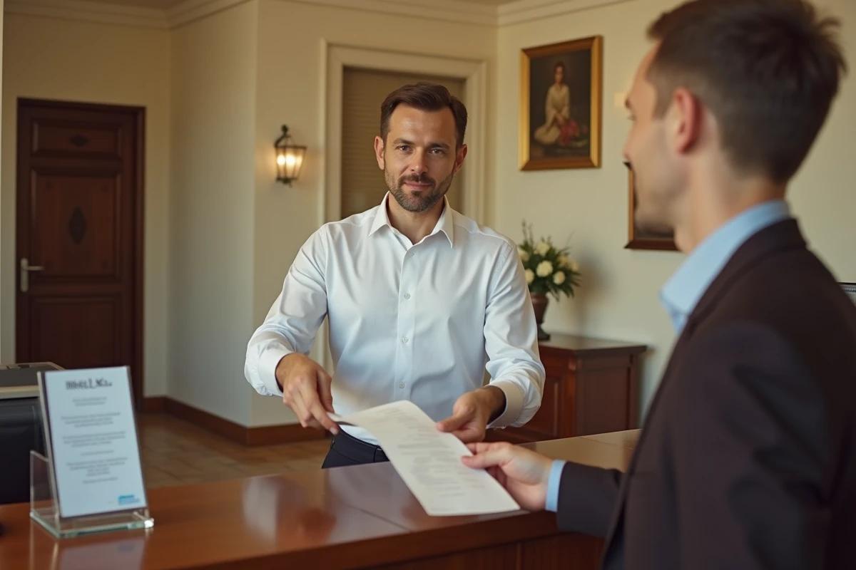 Réceptionniste d'hôtel remettant un reçu incluant la taxe de séjour à un client à la réception