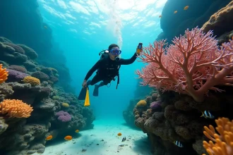 Biologiste marin mesurant la température de l'eau au sein de la Grande Barrière de Corail en Australie, entouré de coraux colorés et de poissons tropicaux