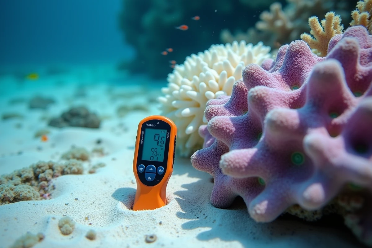 Gros plan sur des coraux blanchis et sains de la Grande Barrière de Corail avec un thermomètre numérique mesurant la température de l'eau en surface du récif