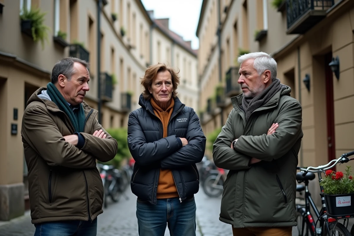 Voisins mécontents devant un immeuble résidentiel parisien avec une annonce Airbnb visible, symbolisant les tensions de voisinage liées aux locations courte durée
