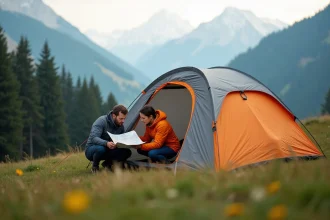 Tente dôme orange et grise montée dans une prairie alpine avec deux randonneurs consultant une carte