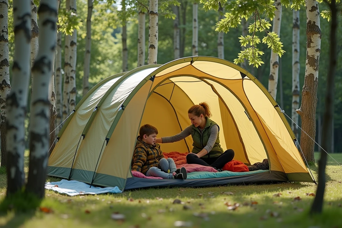 Grande tente tunnel familiale installée en forêt de bouleaux avec une mère et des adolescents à l'intérieur