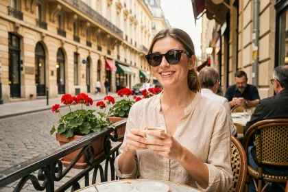 Femme souriante attablée en terrasse d'un café parisien avec un espresso, rue pavée et façades haussmanniennes en arrière-plan