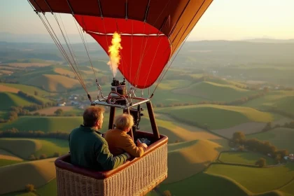 Couple en montgolfière survolant les vignobles et paysages verdoyants de la Dordogne en France