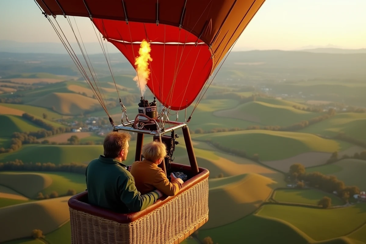 Couple en montgolfière survolant les vignobles et paysages verdoyants de la Dordogne en France