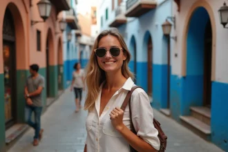 Touriste femme souriante devant une ruelle colorée de médina marocaine, illustrant le tourisme sécurisé en Afrique