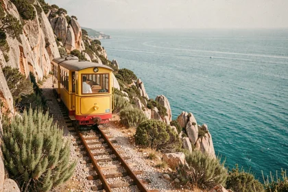 Train panoramique longeant les falaises côtières entre Île-Rousse et Calvi en Corse, mer turquoise en arrière-plan