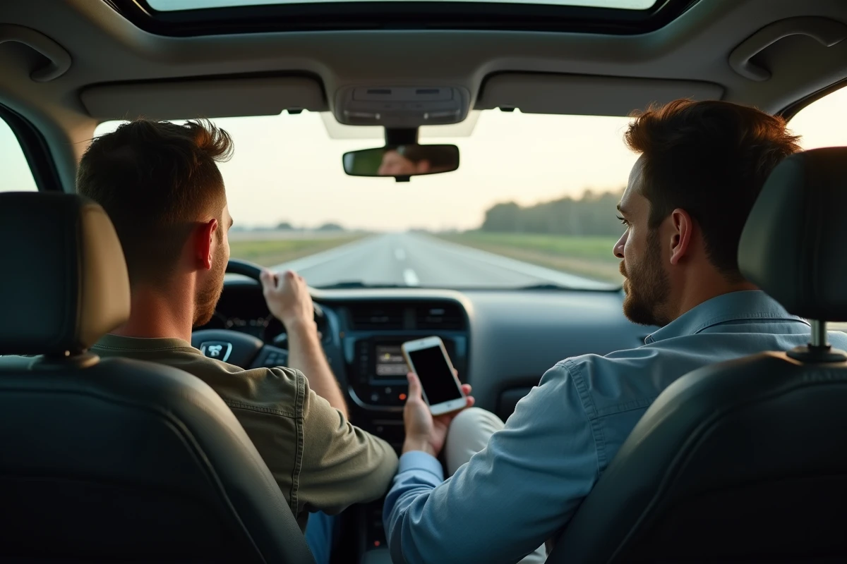 Deux hommes effectuant un trajet en covoiturage sur l'autoroute avec une application de navigation