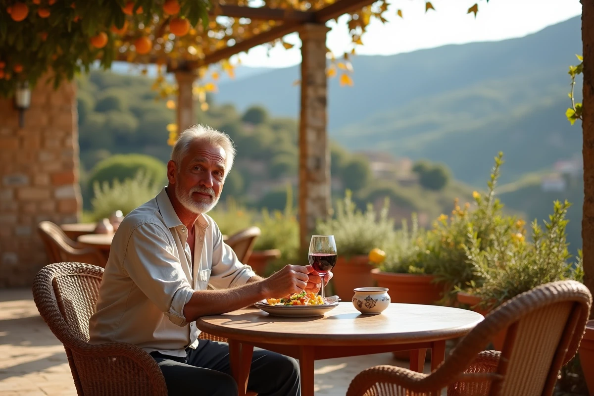 Terrasse d'une trattoria sicilienne en octobre avec vue sur une vallée d'oliviers et des ruines antiques