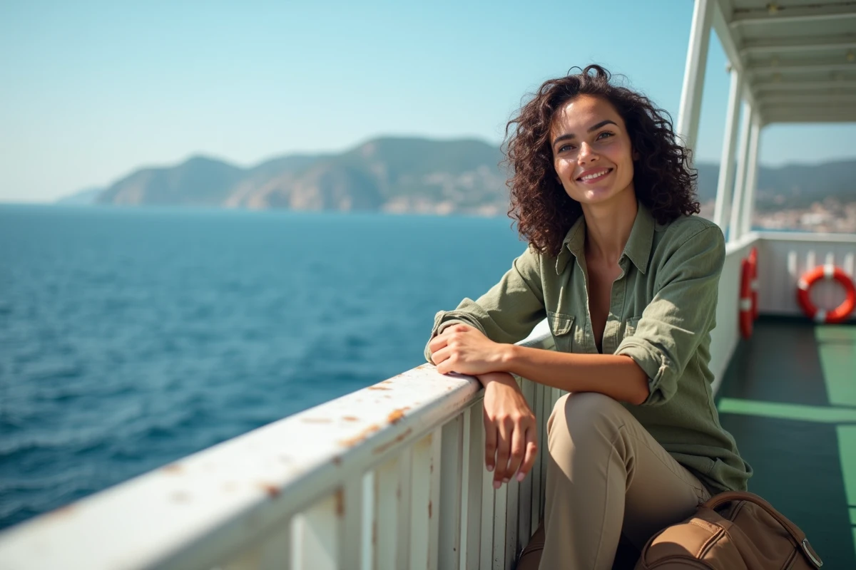 Voyageuse profitant de la traversée en ferry abordable vers la Corse sur le pont du bateau