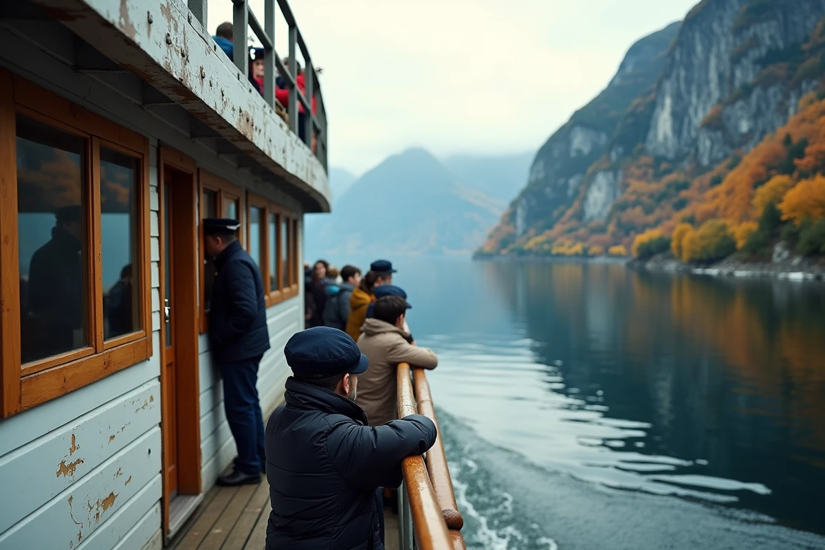 Ferry traditionnel en bois traversant un fjord norvégien entouré de montagnes aux couleurs d'automne