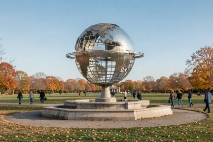 La sphère Unisphere en acier inoxydable de Corona Park à Queens, entourée de pelouses et de visiteurs en automne
